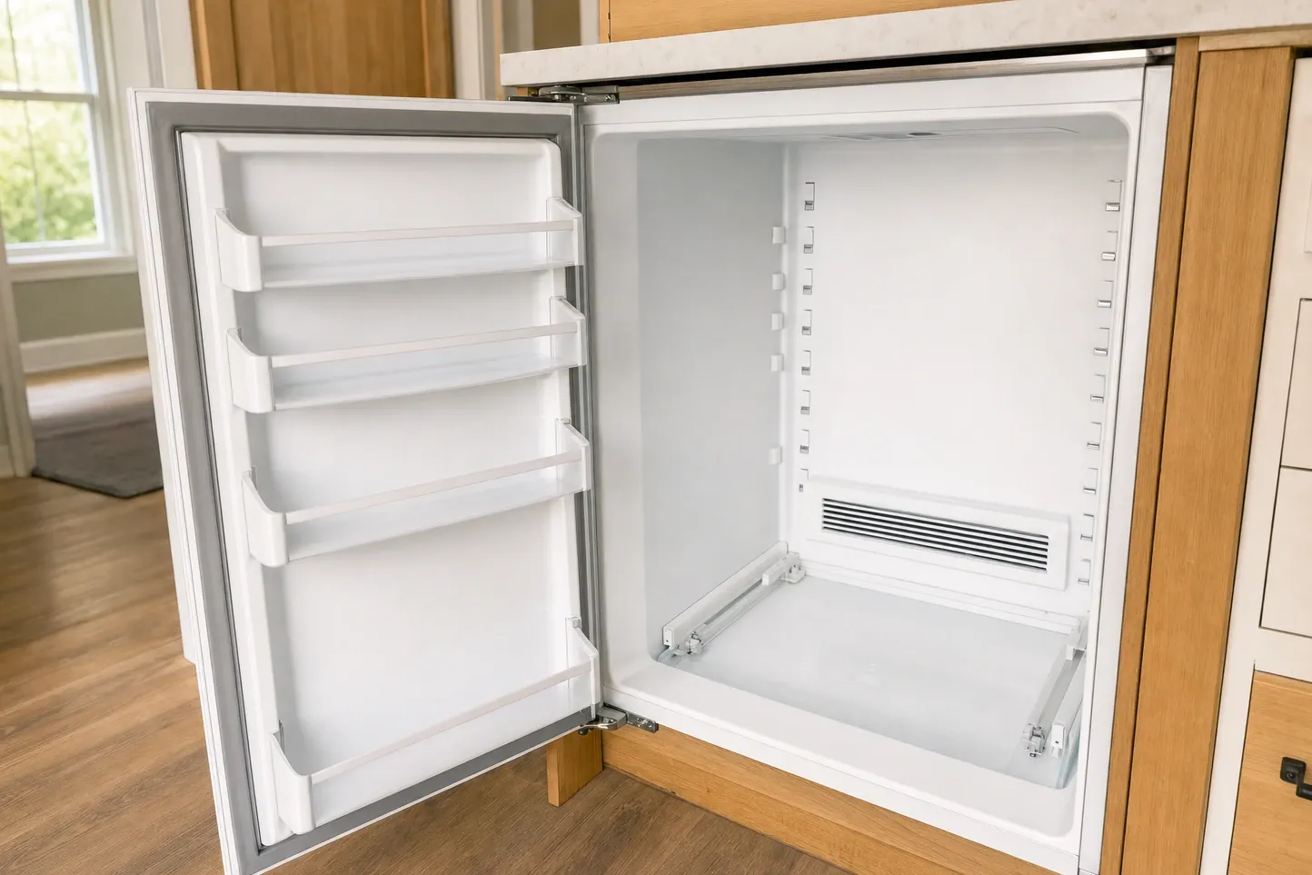 Empty undercounter refrigerator with the door open, door bins, shelf ladders and a rear air grille, set under a stone worktop