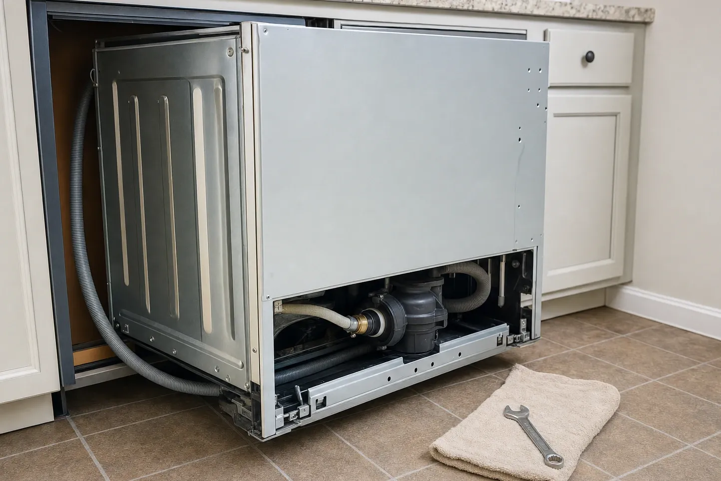 Dishwasher drawn out of its cabinet opening onto tile, drain hose looped behind it and the sump and drain pump visible beneath the tub