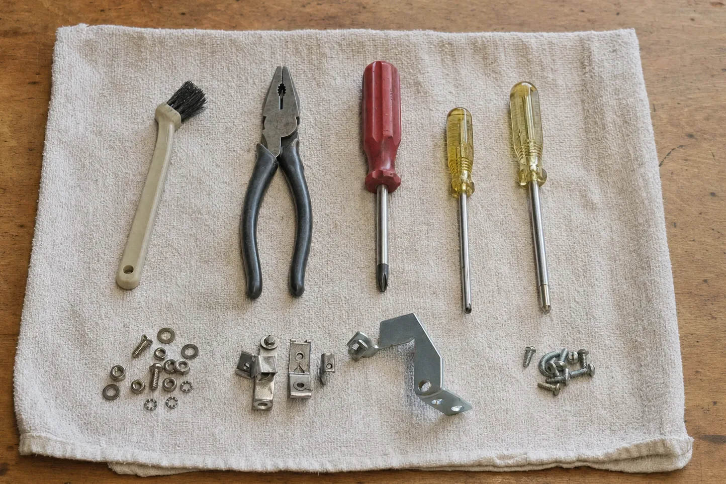 Wire brush, lineman pliers and three screwdrivers laid on a towel above small clamp blocks, a formed steel bracket, machine screws, nuts and star washers