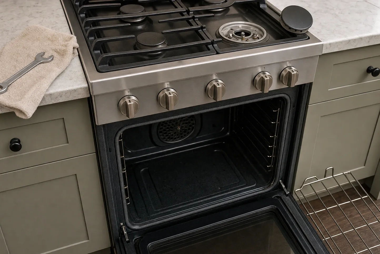 Stainless slide-in gas range in sage cabinets under a marble worktop, one burner uncapped to its base, the oven open on its rear fan cover and a rack on the floor