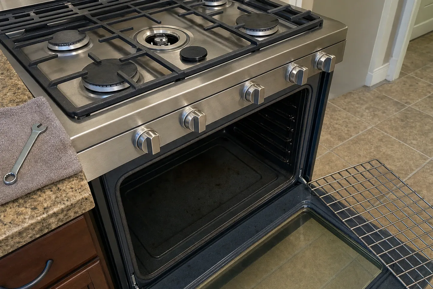 Stainless range at an angle with the centre burner uncapped to its ring, its cap resting on the cooktop and the oven door lowered on an empty cavity